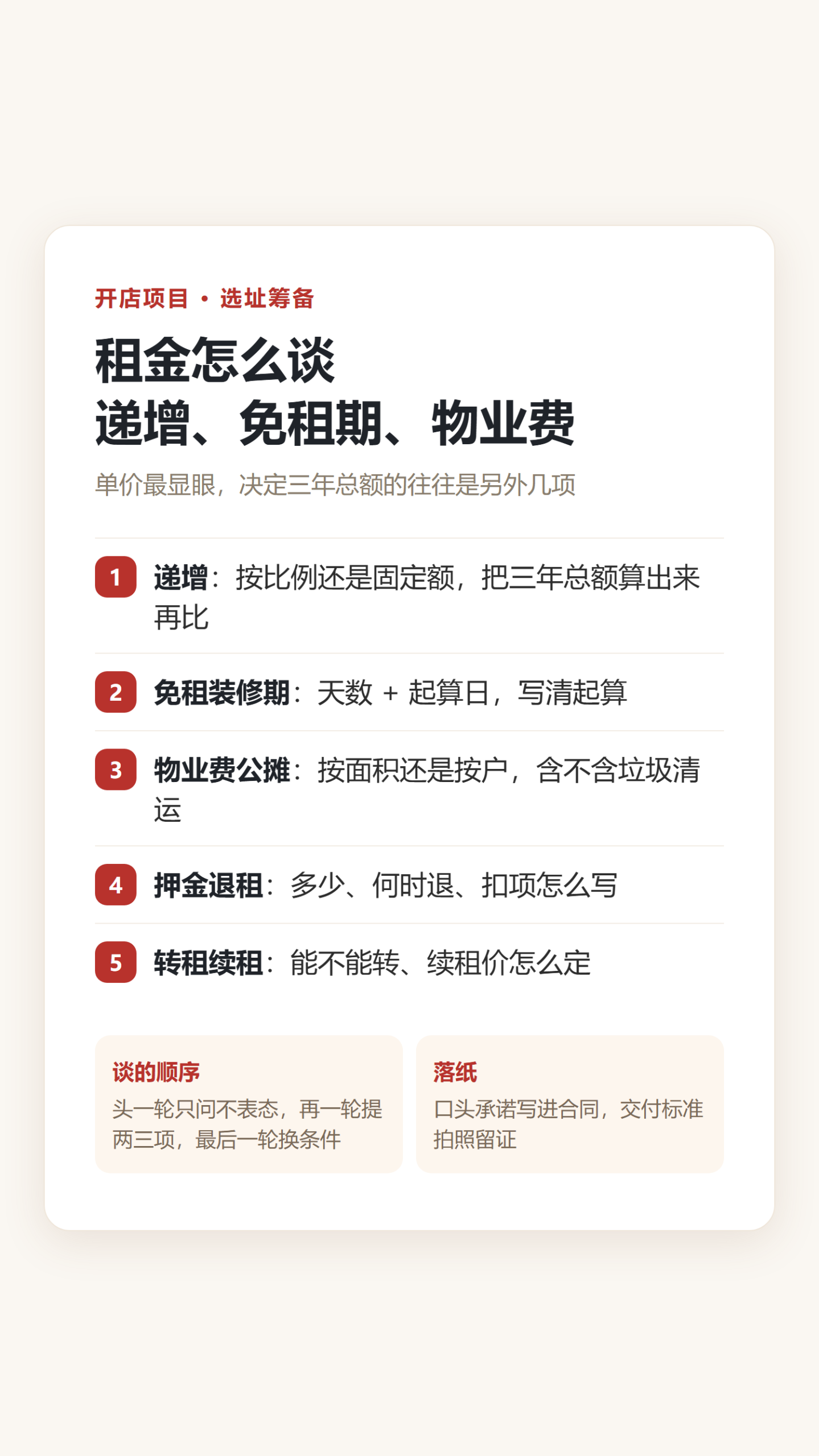 租金递增免租期物业费签前核对知识卡