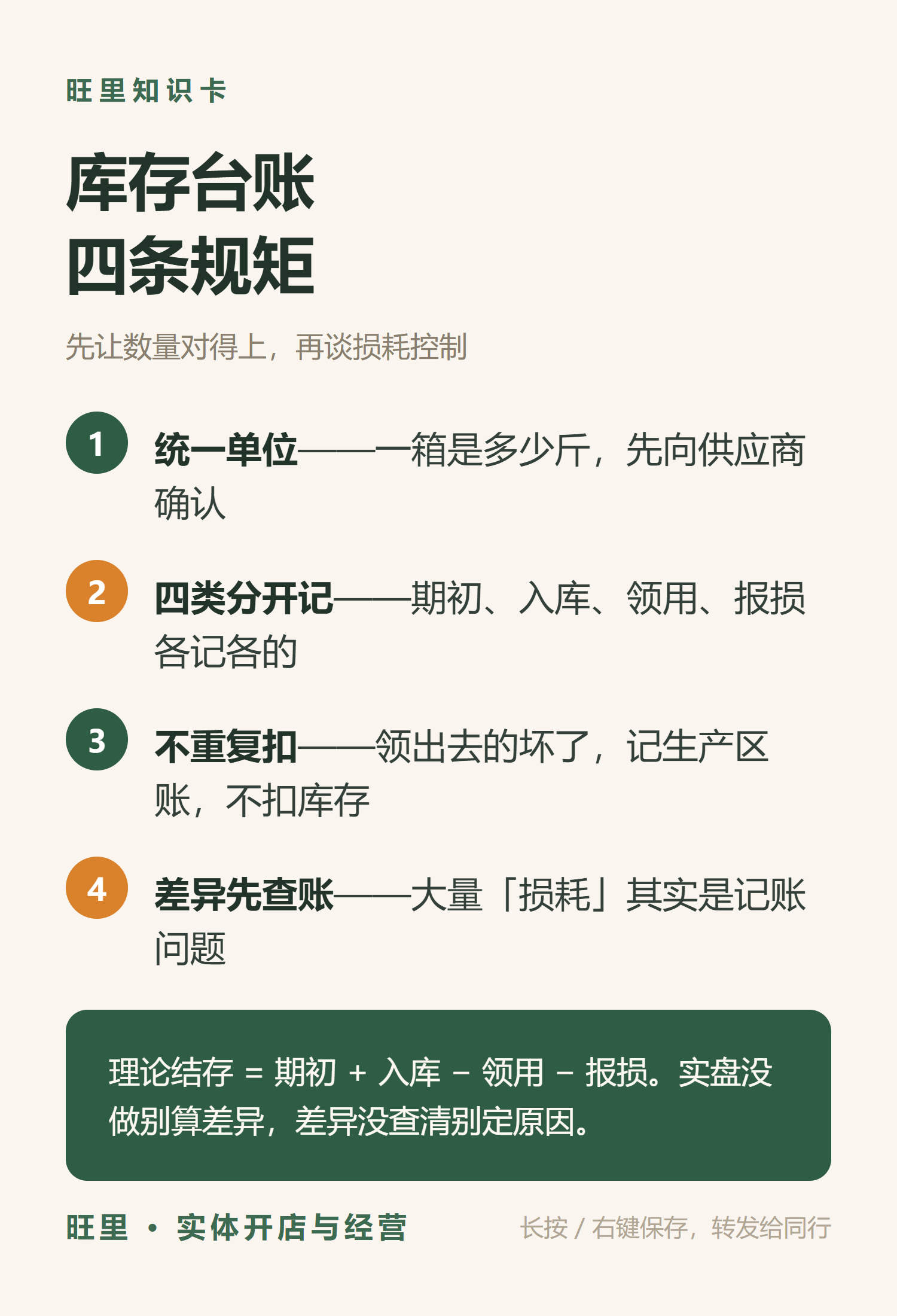 旺里知识卡：库存台账四条规矩——统一单位、四类分开记、不重复扣、差异先查账