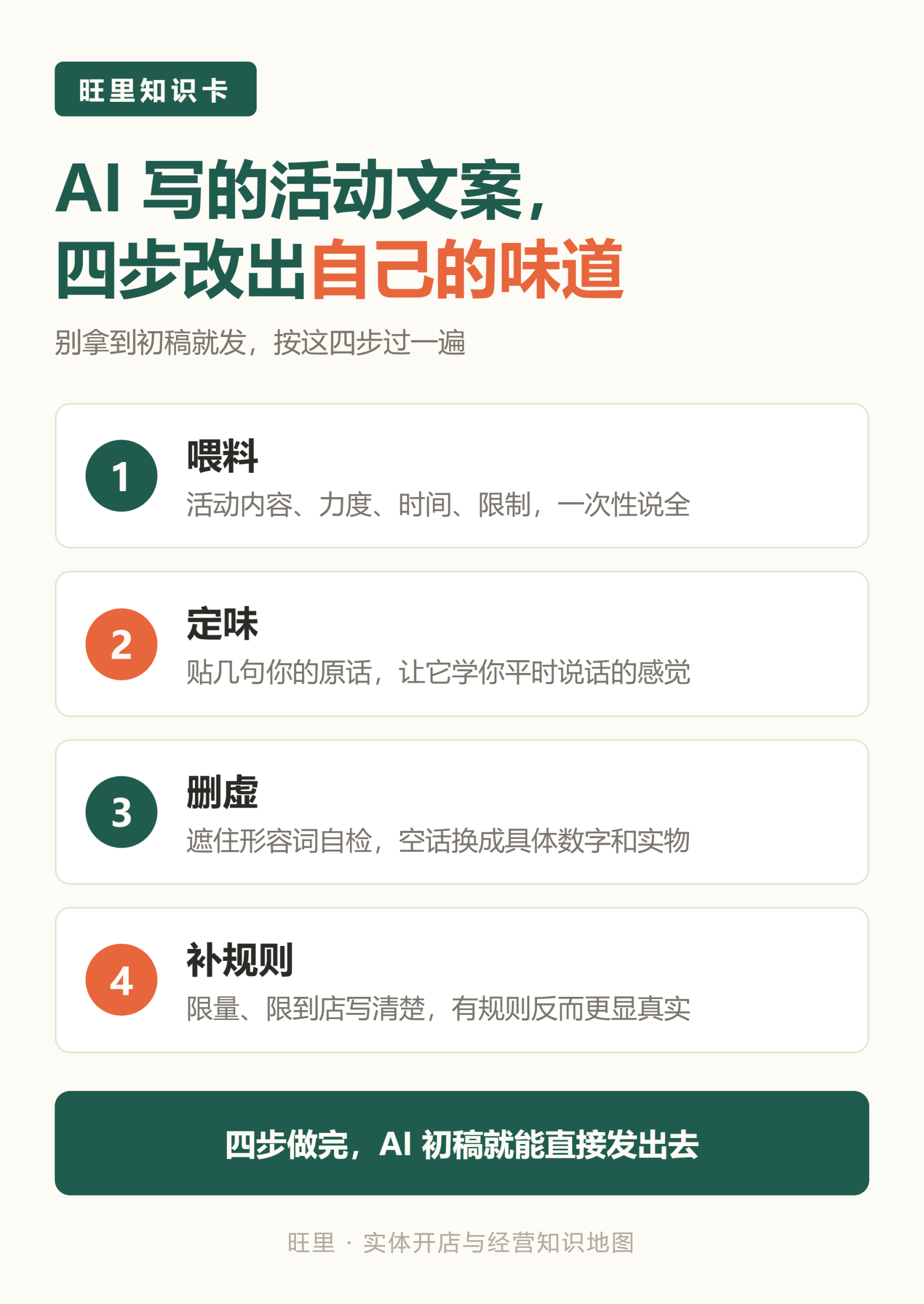 旺里知识卡：喂料、定味、删虚、补规则，AI写活动文案四步改出自己的味道