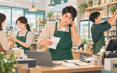 小店老板在店里一边接电话一边处理单据，员工各自忙碌